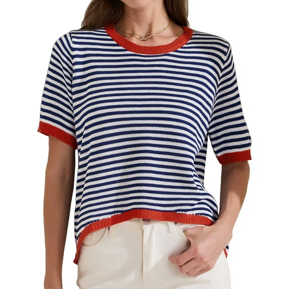 DARING DIVA Women's Striped Knitted Trendy Pullover Top S Dark Blue
