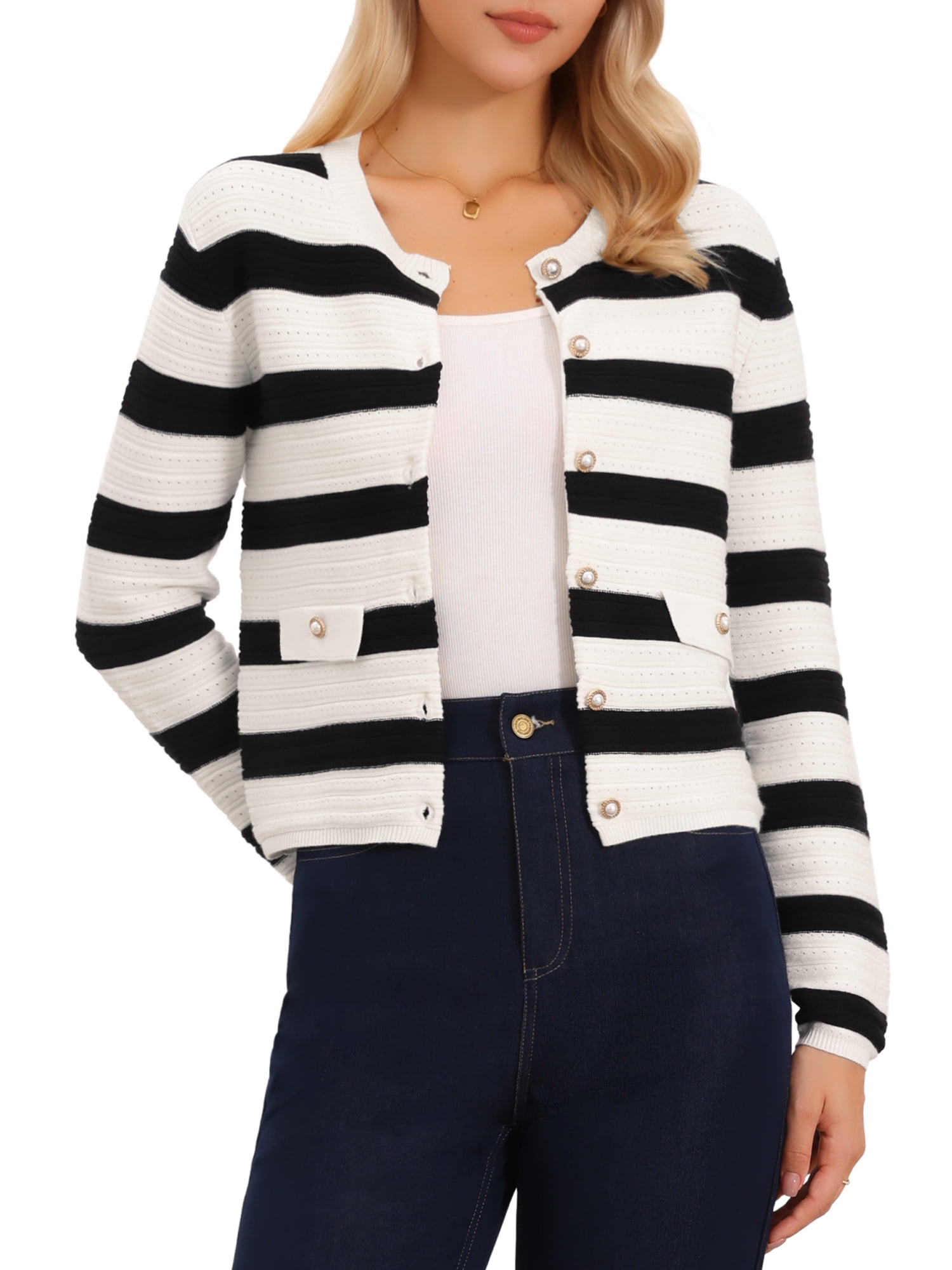 DARING DIVA Women's Striped Long Sleeve Button Down Crewneck Knit Cardigan XS Black White