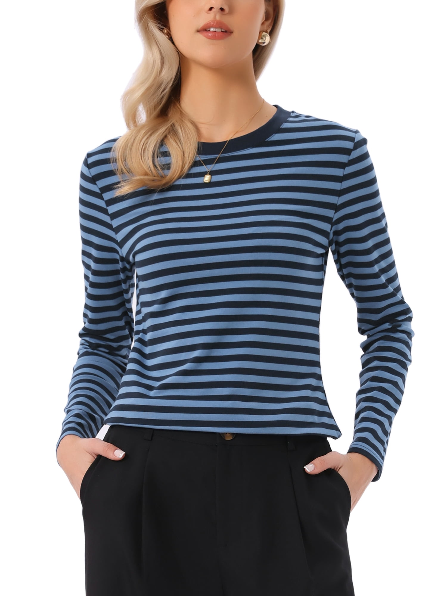 DARING DIVA Women's Striped Long Sleeve Cotton Crew Neck Tees M Black Blue Stripe