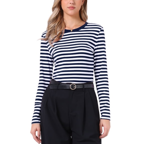 DARING DIVA Women's Striped Long Sleeve Cotton Crew Neck Tees S Navy Blue Stripe