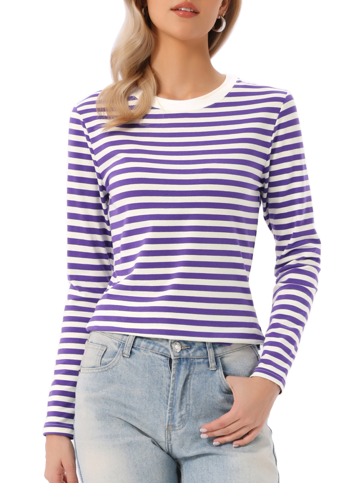 DARING DIVA Women's Striped Long Sleeve Cotton Crew Neck Tees XL Deep Purple Stripe