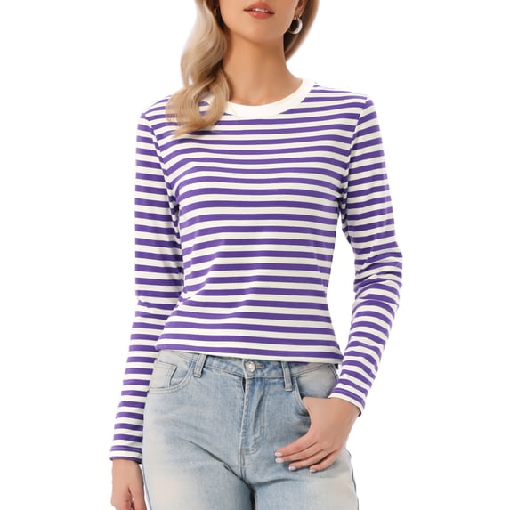 DARING DIVA Women's Striped Long Sleeve Cotton Crew Neck Tees XL Deep Purple Stripe