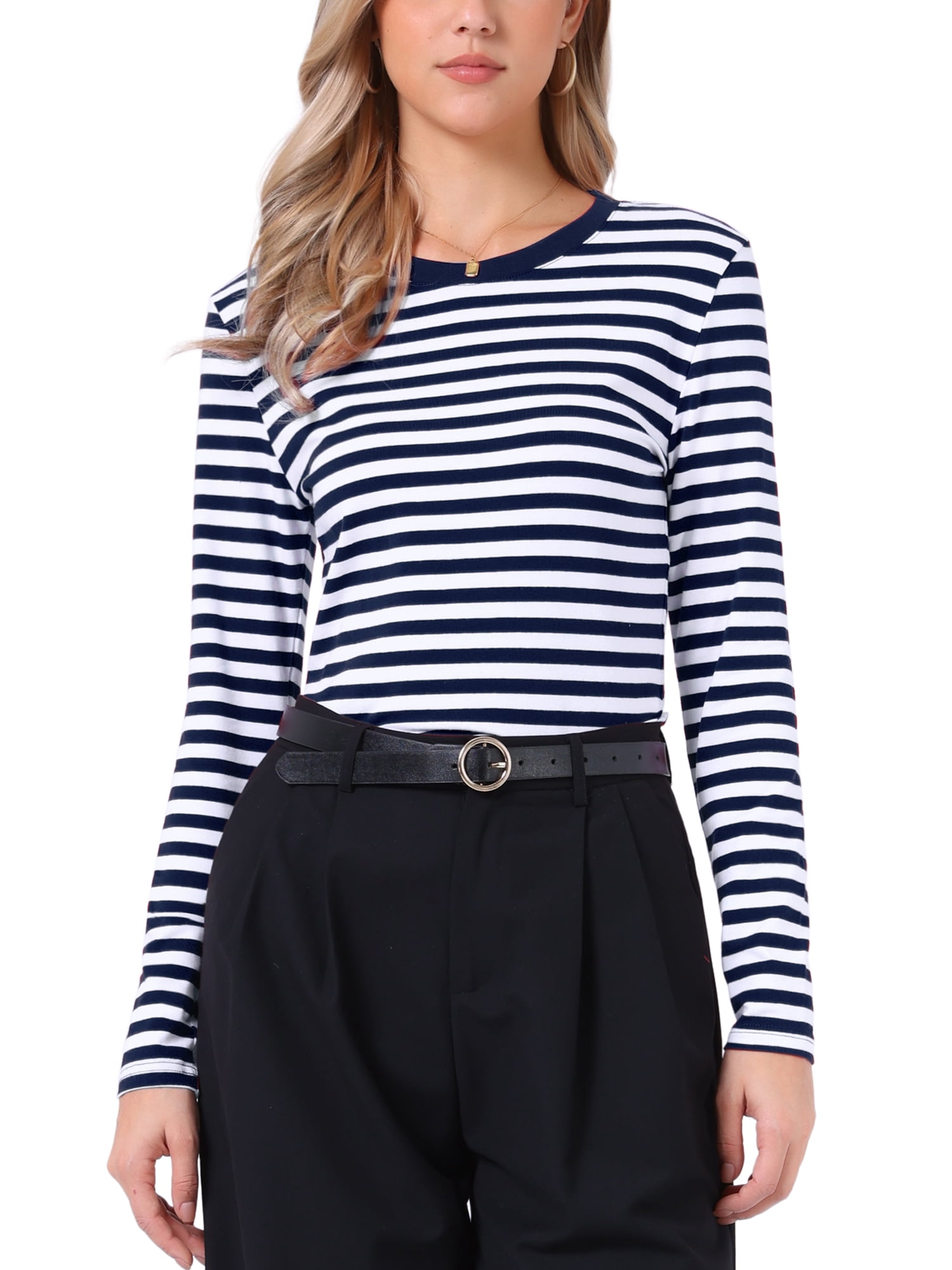 DARING DIVA Women's Striped Long Sleeve Cotton Crew Neck Tees XL Navy Blue Stripe
