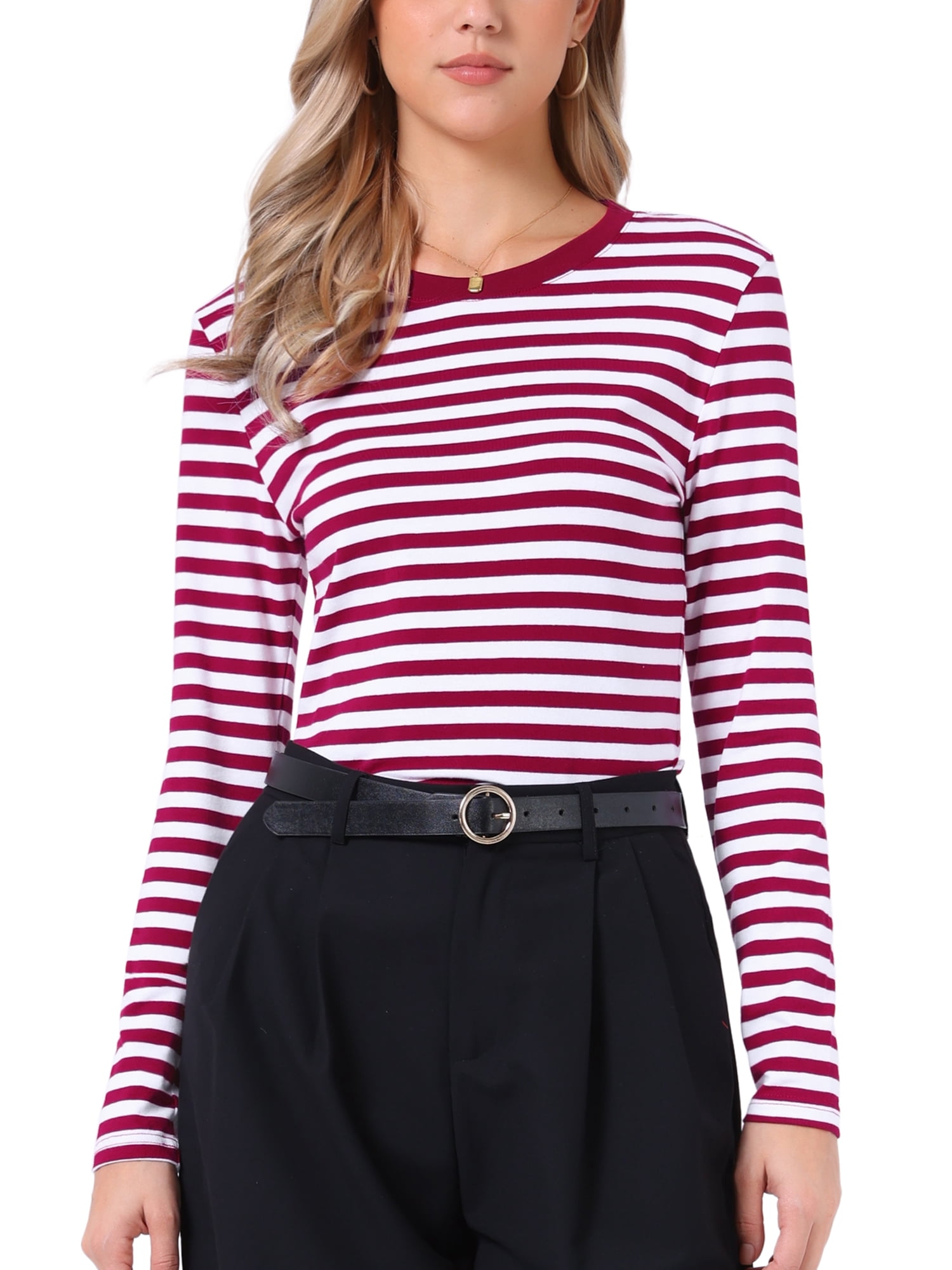 DARING DIVA Women's Striped Long Sleeve Cotton Crew Neck Tees XS Deep Red Stripe