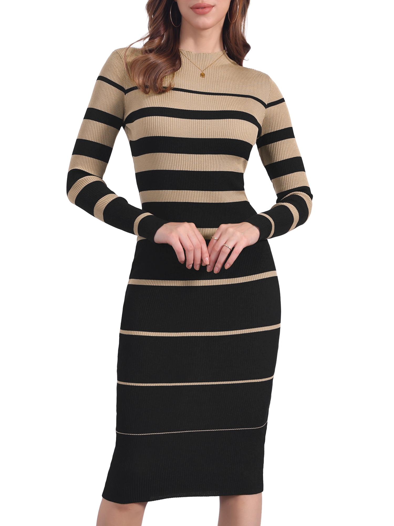 DARING DIVA Women's Striped Long Sleeve Crew Neck Ribbed Knit Dress L Khaki