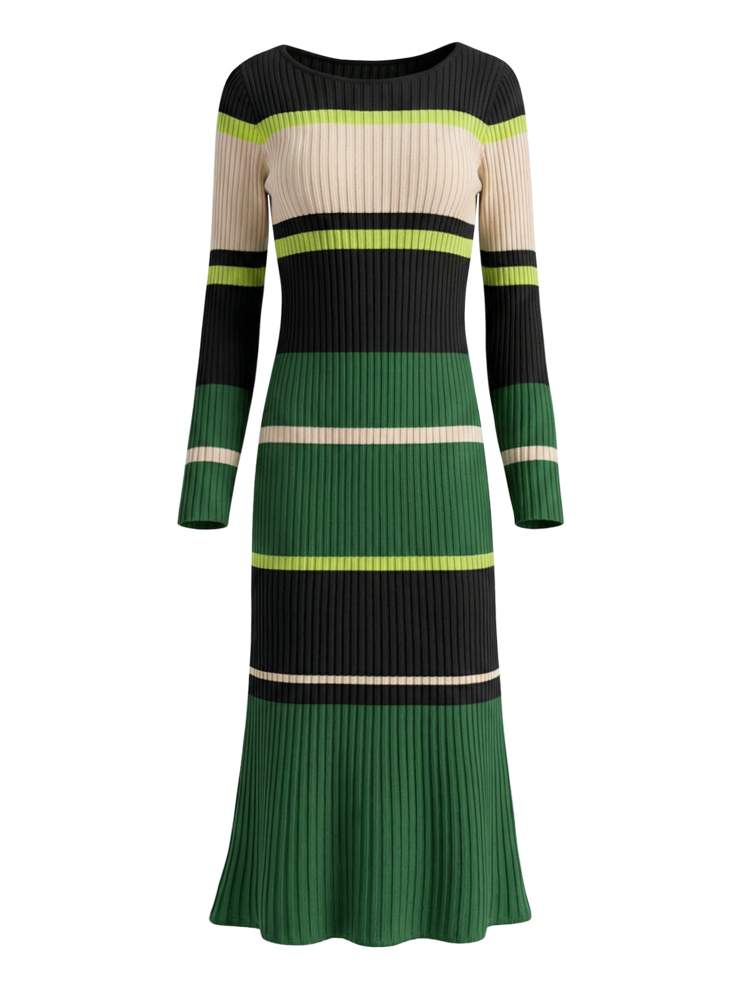 DARING DIVA Women's Striped Long Sleeve Ribbed Knit Bodycon Dress M Green