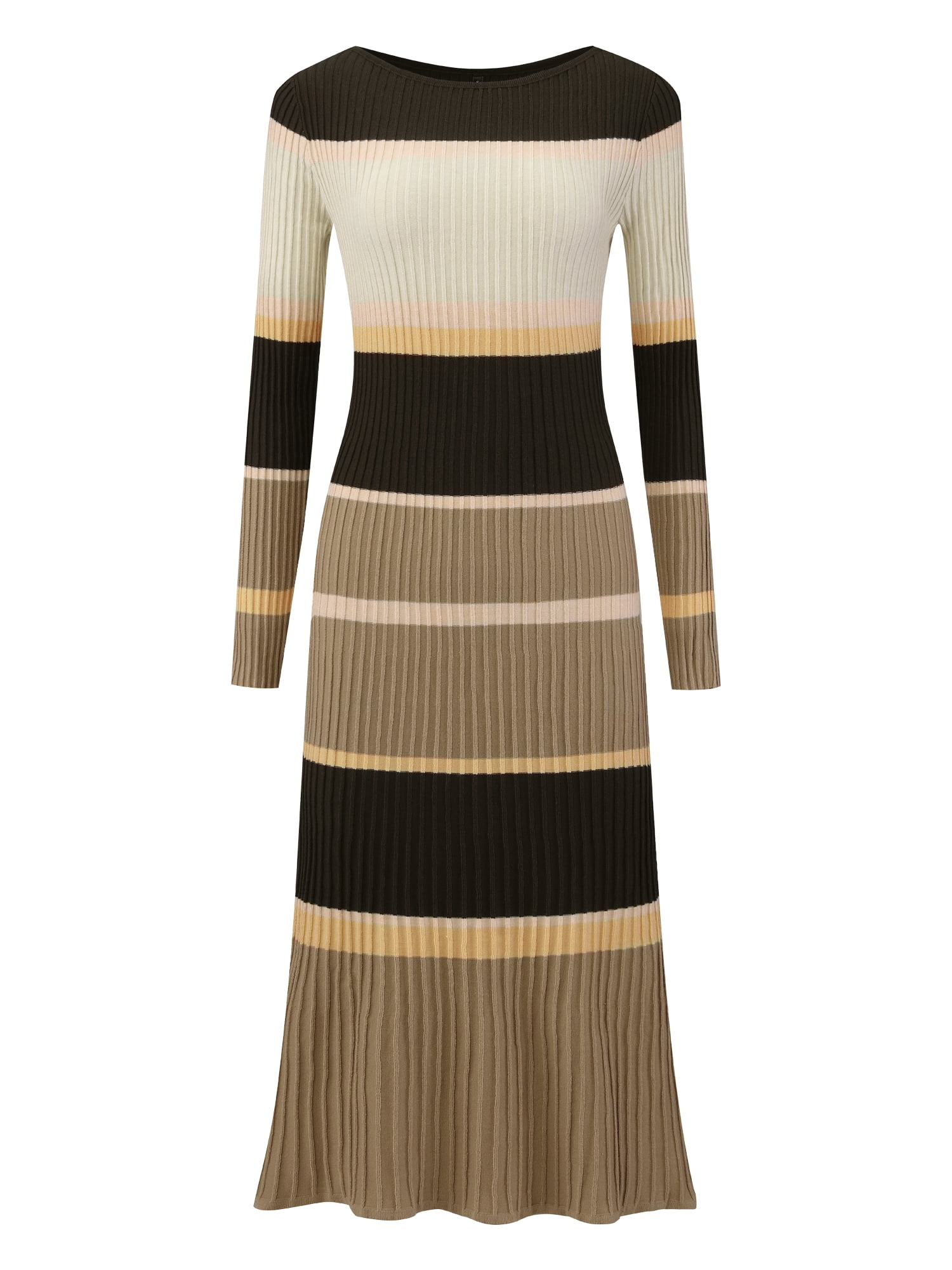 DARING DIVA Women's Striped Long Sleeve Ribbed Knit Bodycon Dress S Khaki