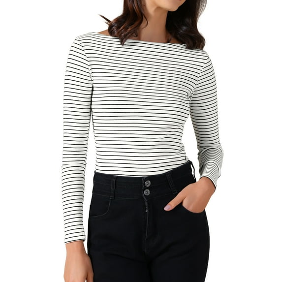 DARING DIVA Women's Striped Long Sleeve T-Shirt Boat Neck Basic Shirts M White