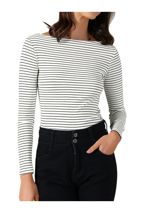 Women's Striped Long Sleeve T-Shirt Boat Neck Basic Shirts M White