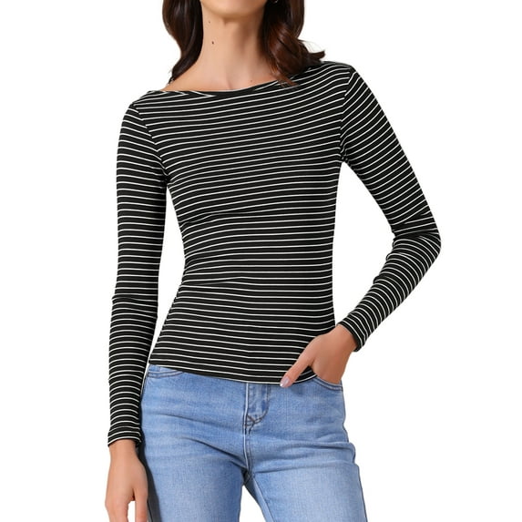 DARING DIVA Women's Striped Long Sleeve T-Shirt Boat Neck Basic Shirts XS Black