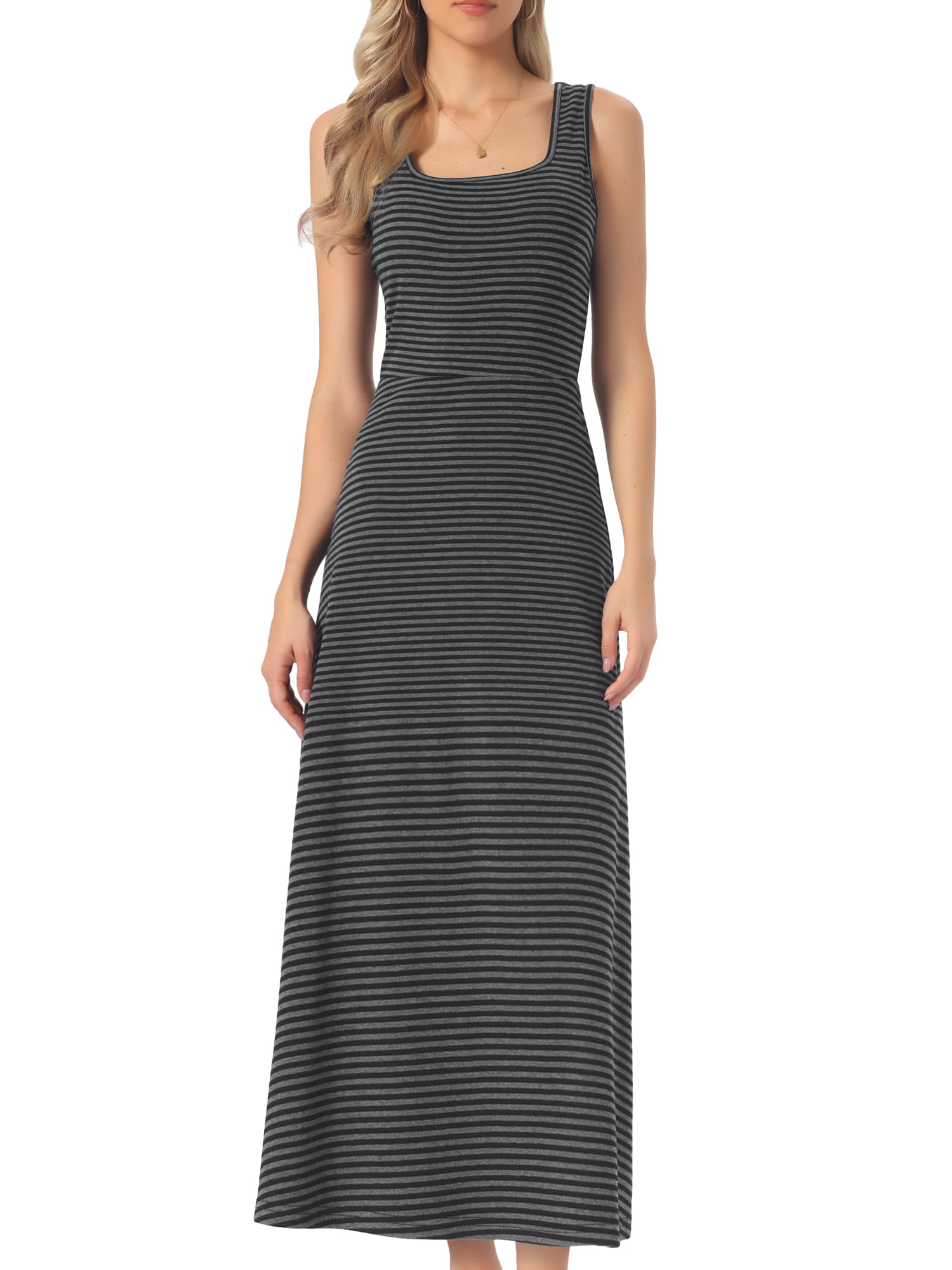 DARING DIVA Women's Striped Midi Summer Ribbed Casual Sleeveless Tank Dresses L Gray