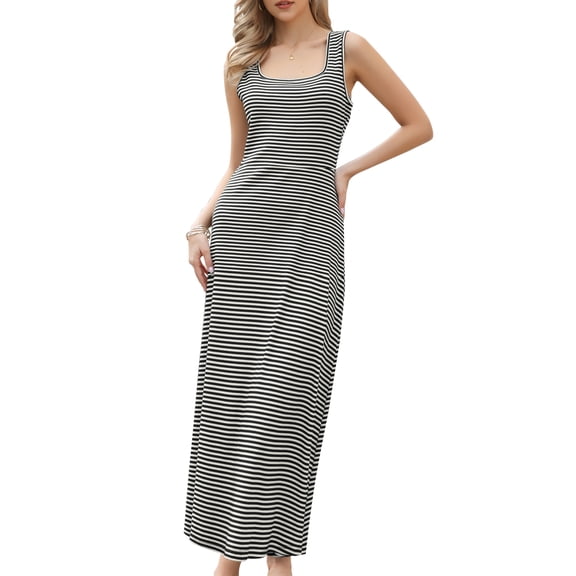 DARING DIVA Women's Striped Midi Summer Ribbed Sleeveless Tank Dresses XL Black