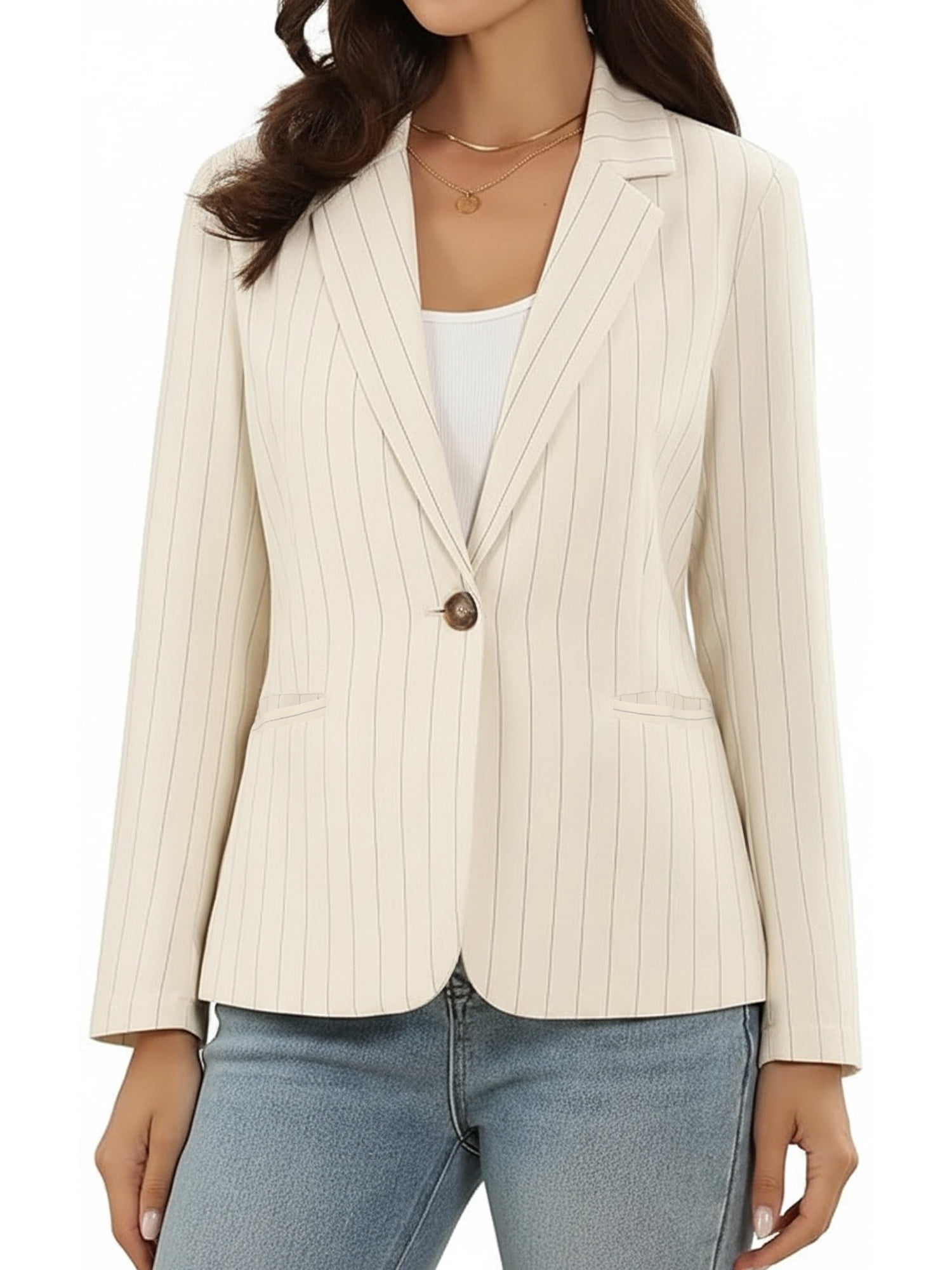 DARING DIVA Women's Striped Notched Collar Long Sleeve Single Button Blazer XS Beige