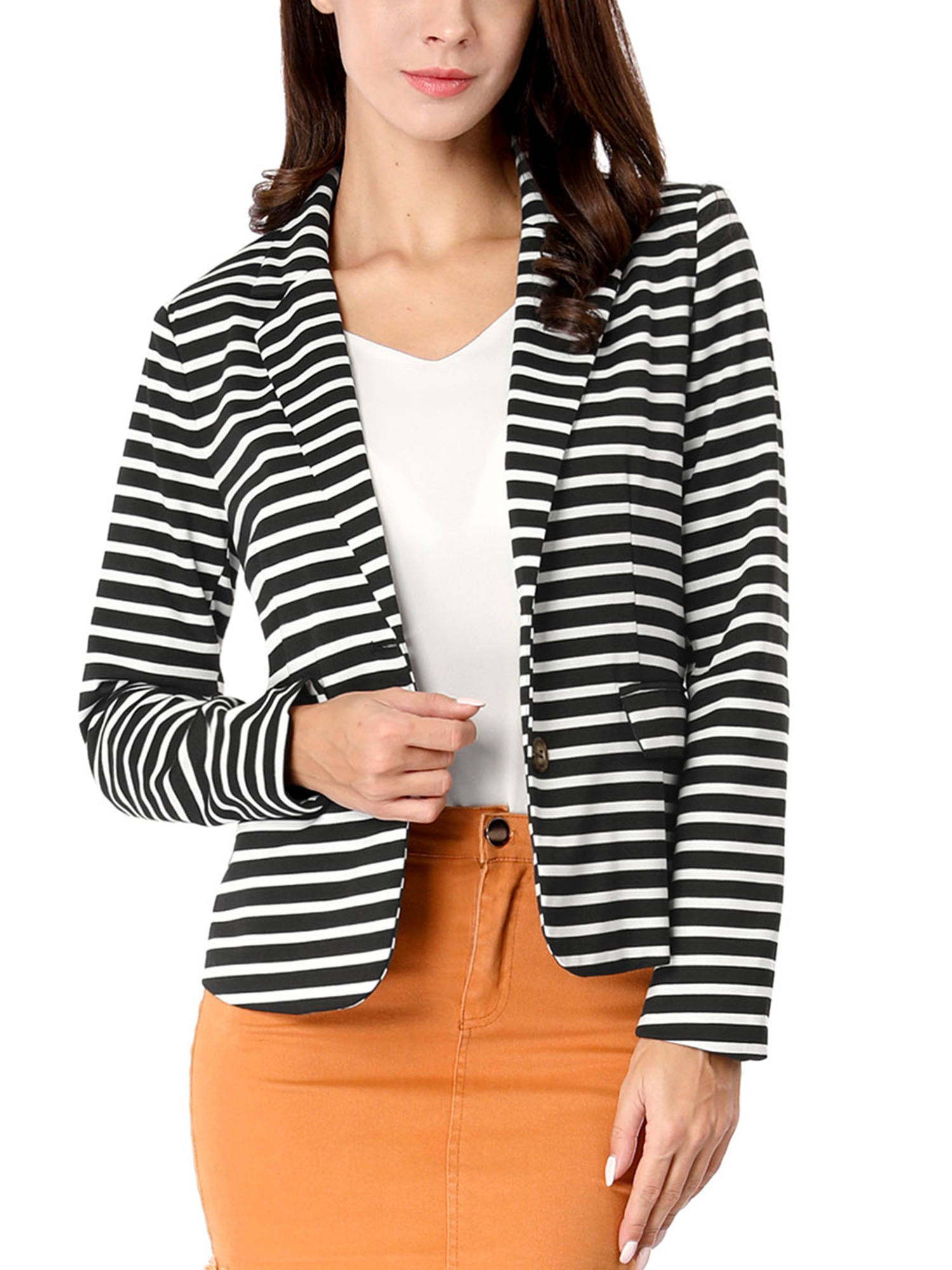 DARING DIVA Women's Striped Notched Lapel Button Closure Blazer L Black