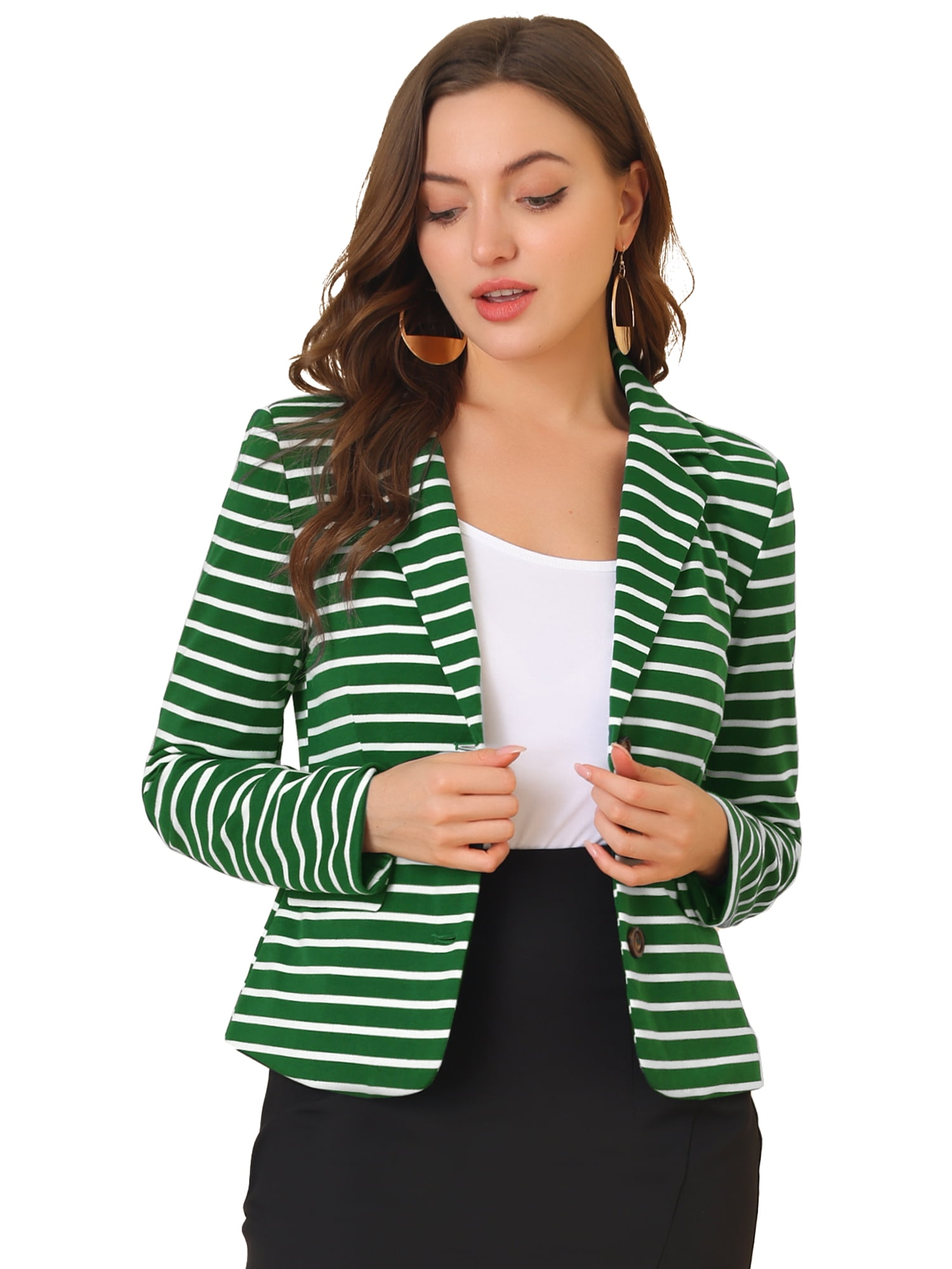 DARING DIVA Women's Striped Notched Lapel Button Closure Blazer L Green White