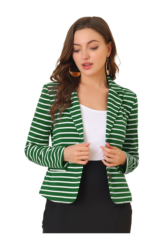 Women's Striped Notched Lapel Button Closure Blazer L Green White