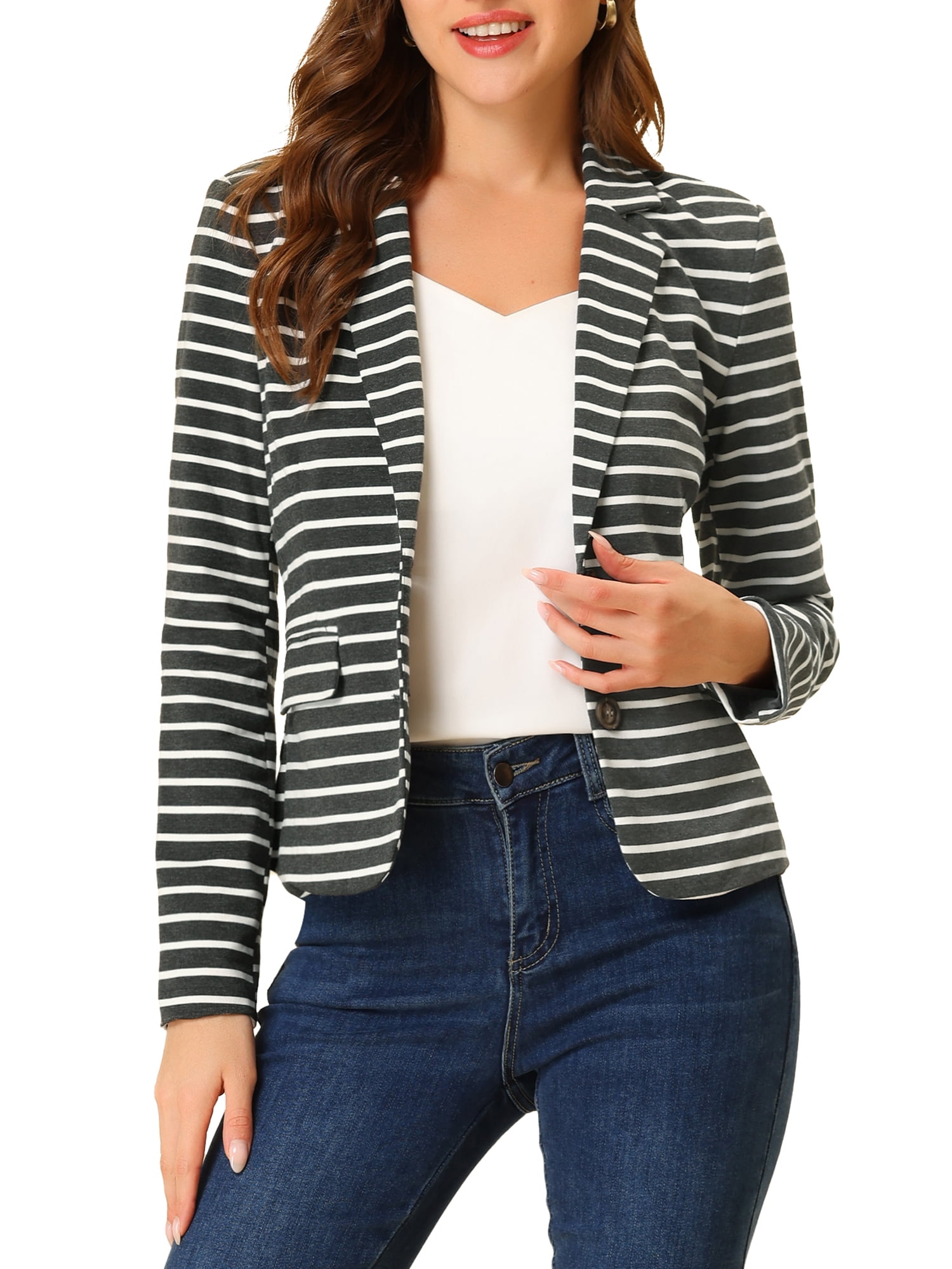 DARING DIVA Women's Striped Notched Lapel Button Closure Blazer L Grey White