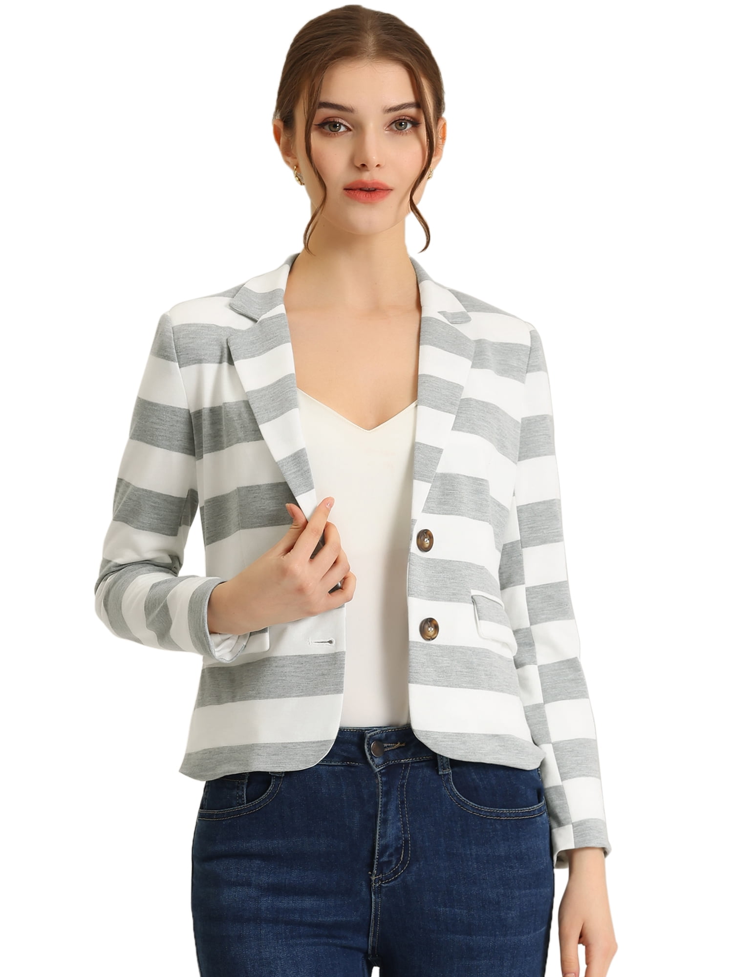 DARING DIVA Women's Striped Notched Lapel Button Closure Blazer L Light Grey