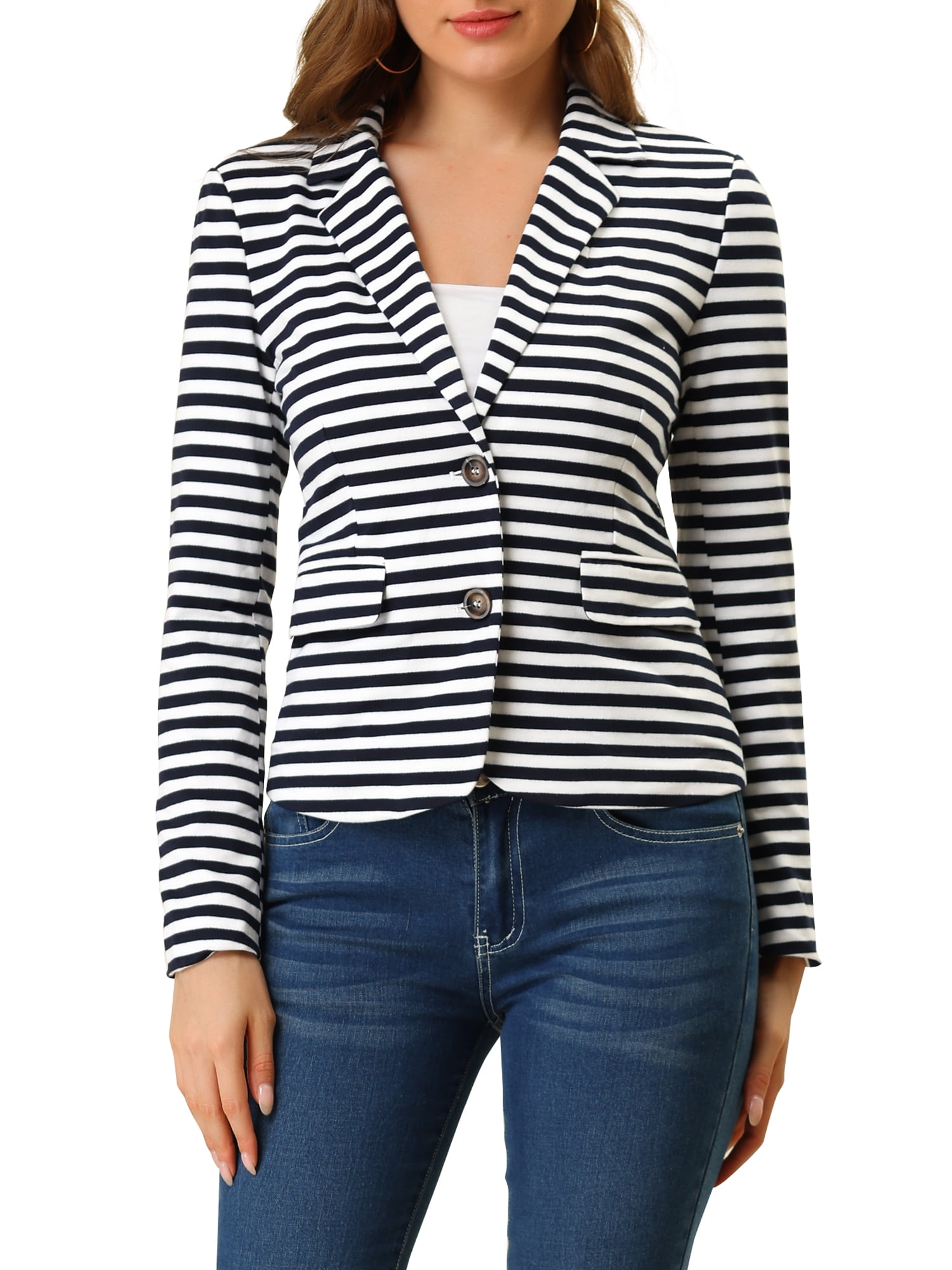 DARING DIVA Women's Striped Notched Lapel Button Closure Blazer L White Navy