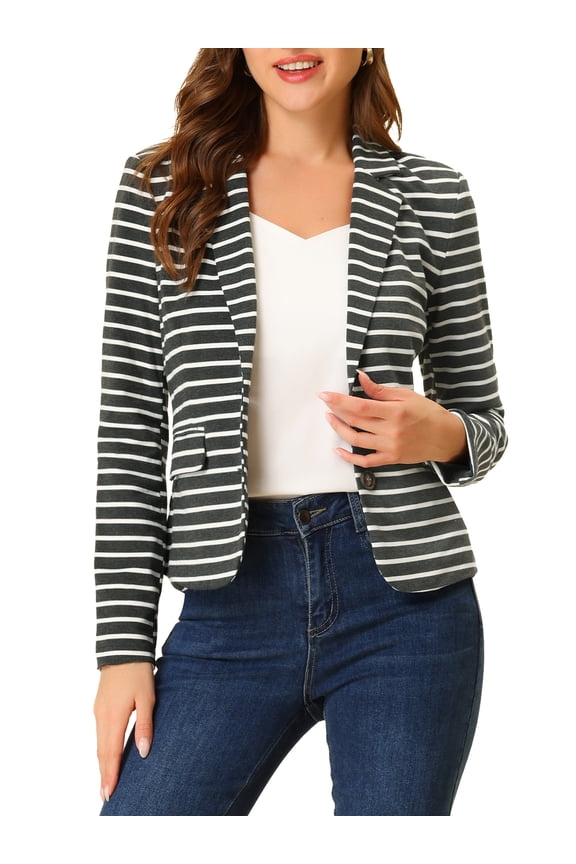 Women's Striped Notched Lapel Button Closure Blazer M Grey White