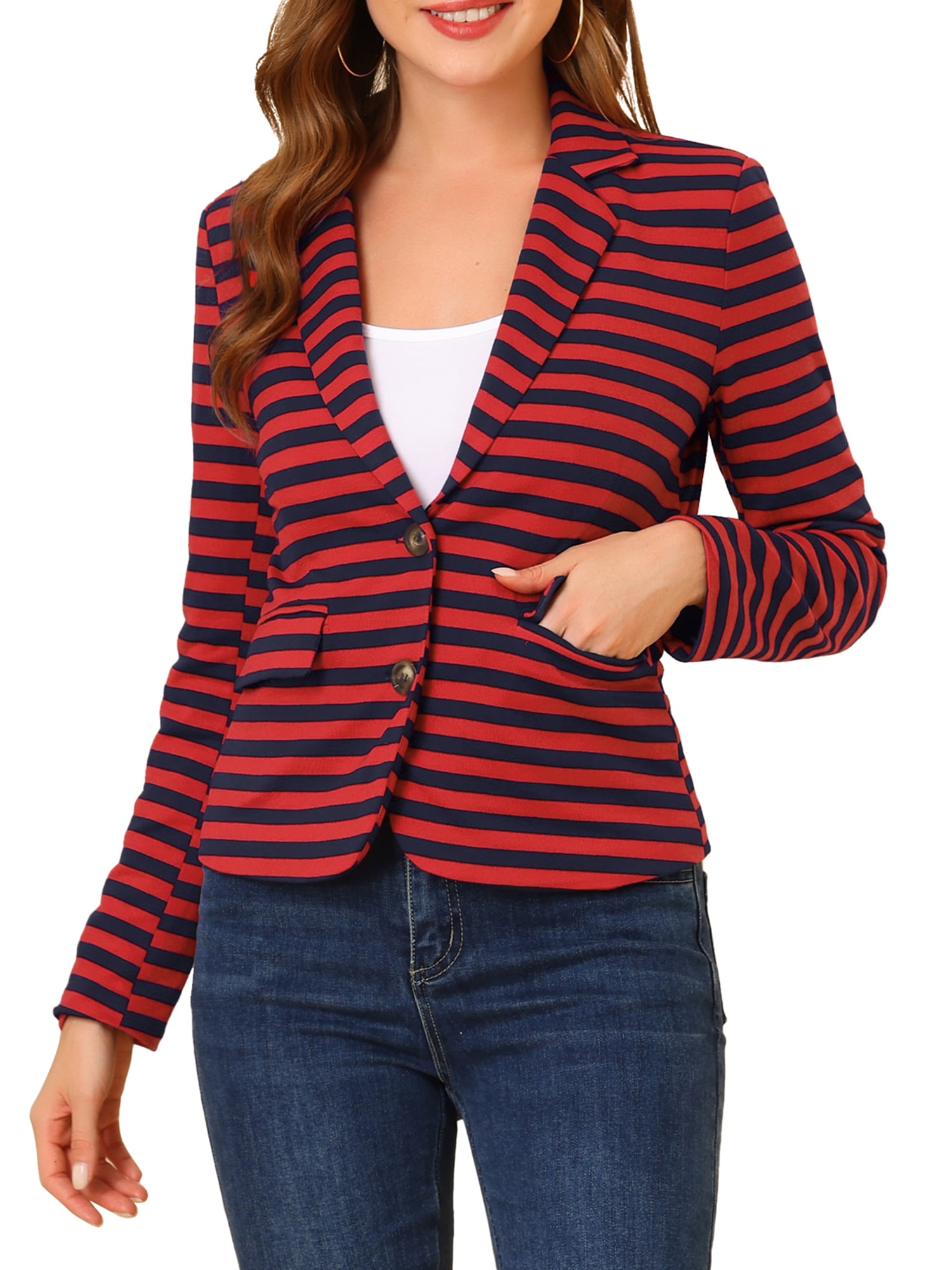 DARING DIVA Women's Striped Notched Lapel Button Closure Blazer M Red Blue