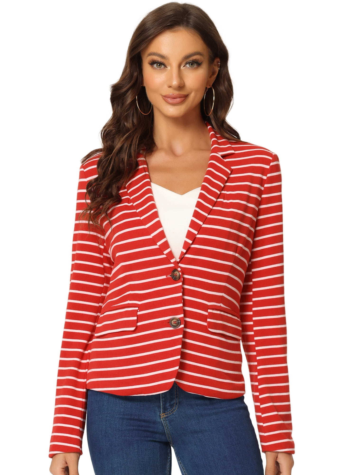 DARING DIVA Women's Striped Notched Lapel Button Closure Blazer M Red