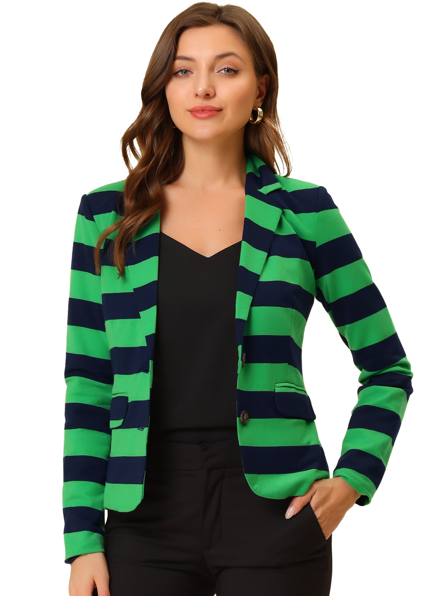 DARING DIVA Women's Striped Notched Lapel Button Closure Blazer S Green Navy