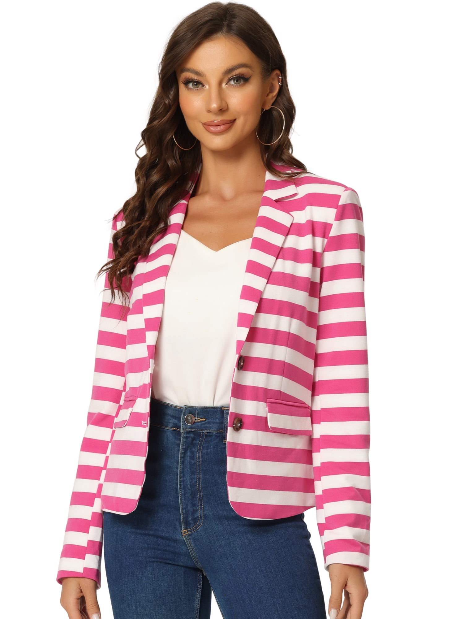 DARING DIVA Women's Striped Notched Lapel Button Closure Blazer S Hot Pink White