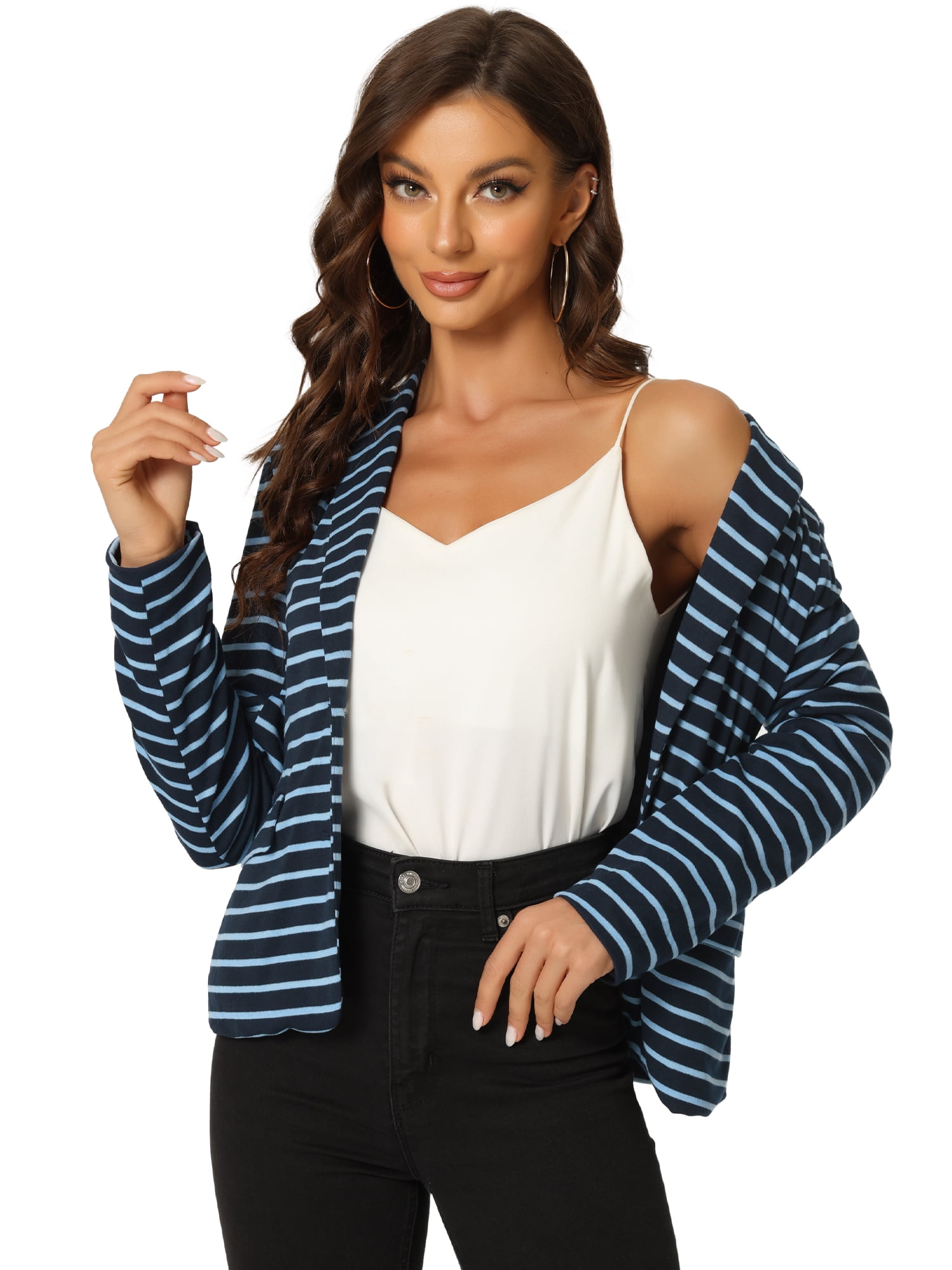 DARING DIVA Women's Striped Notched Lapel Button Closure Blazer S Navy Grey Blue