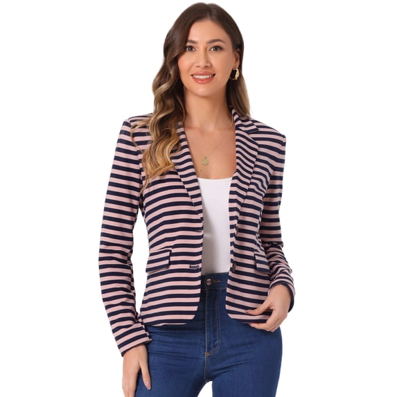 DARING DIVA Women's Striped Notched Lapel Button Closure Blazer S Navy Pink