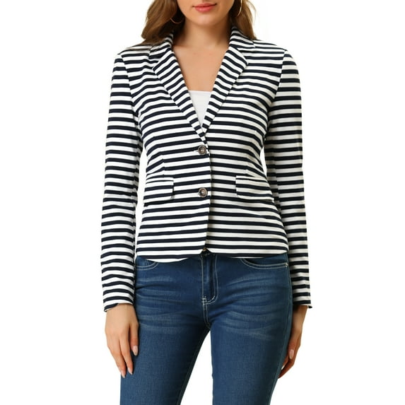 DARING DIVA Women's Striped Notched Lapel Button Closure Blazer S White Navy