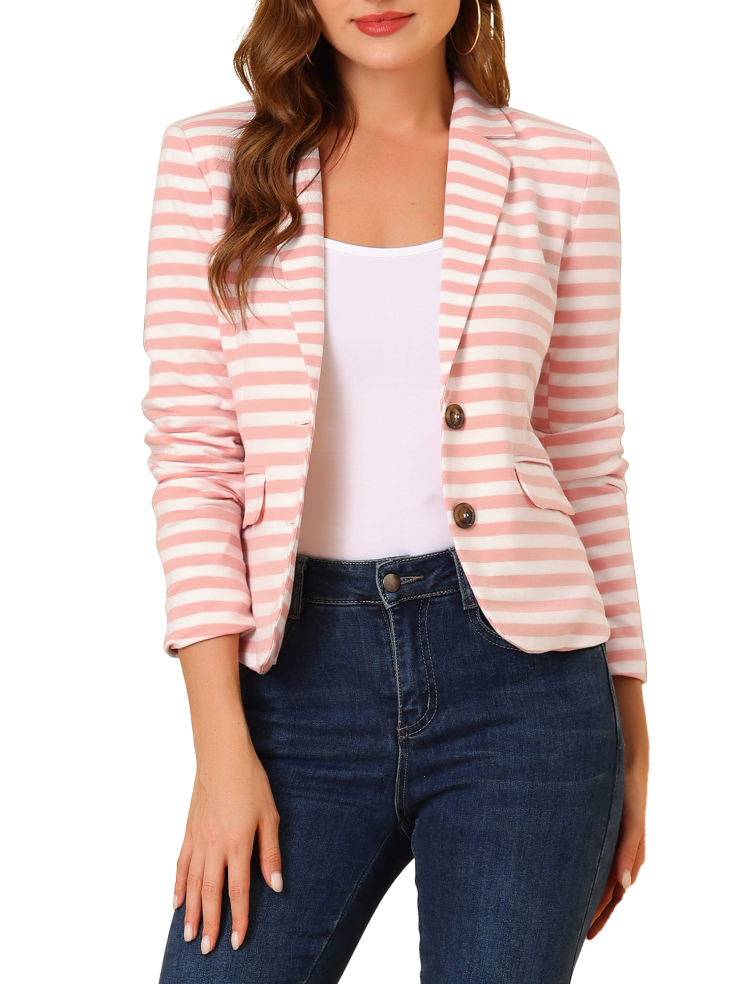 DARING DIVA Women's Striped Notched Lapel Button Closure Blazer XS White Pink