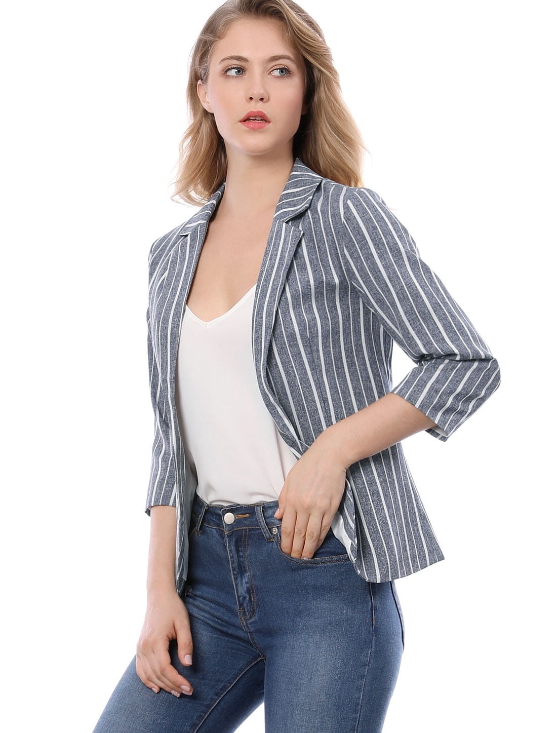 DARING DIVA Women's Striped Open Front Notched Lapel Blazer L Blue