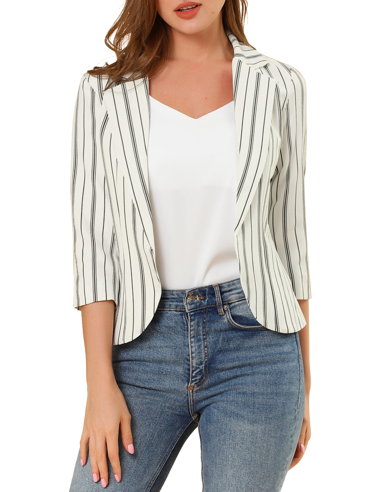 DARING DIVA Women's Striped Open Front Notched Lapel Blazer L White