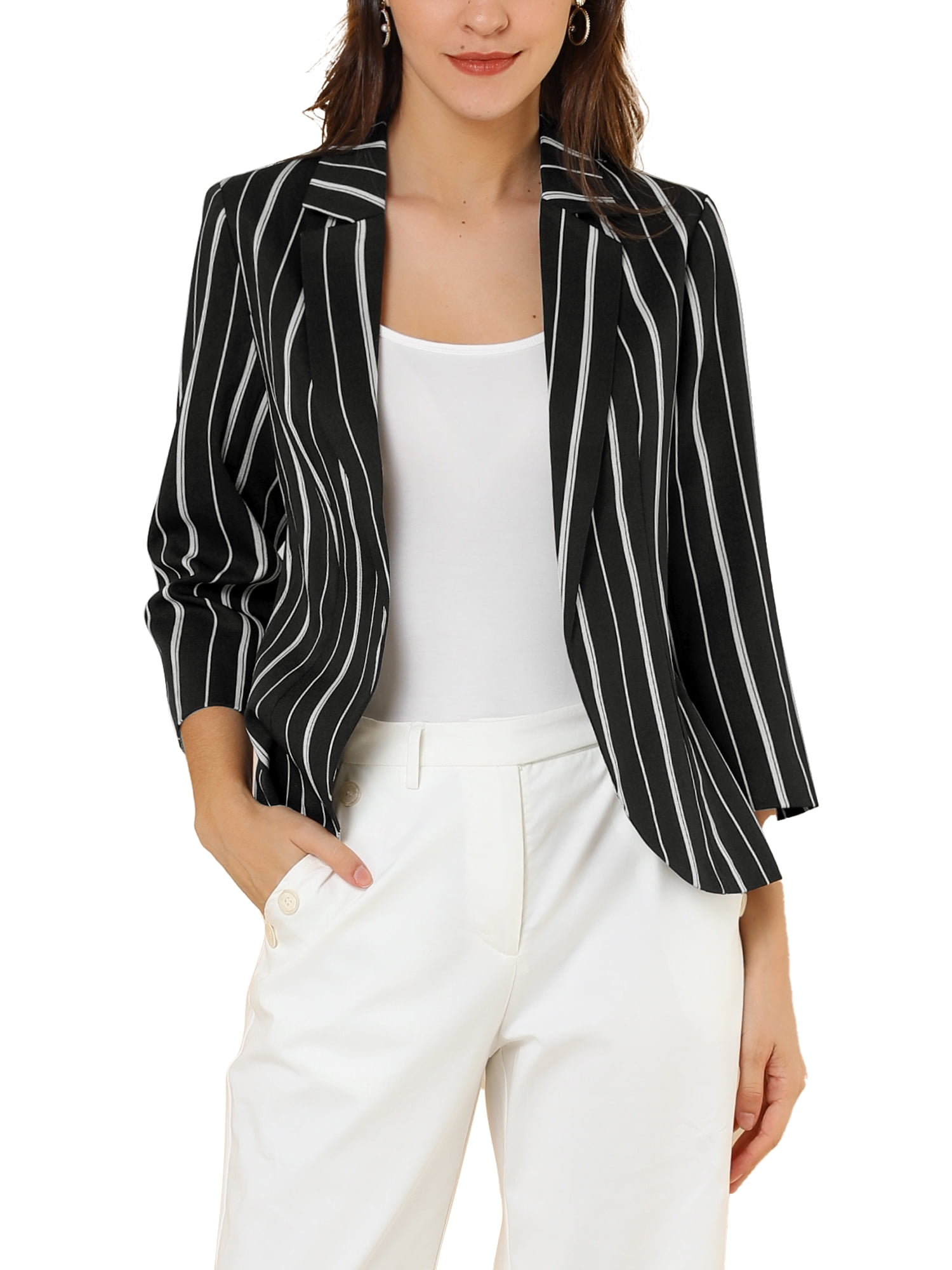 DARING DIVA Women's Striped Open Front Notched Lapel Blazer M Dark Black