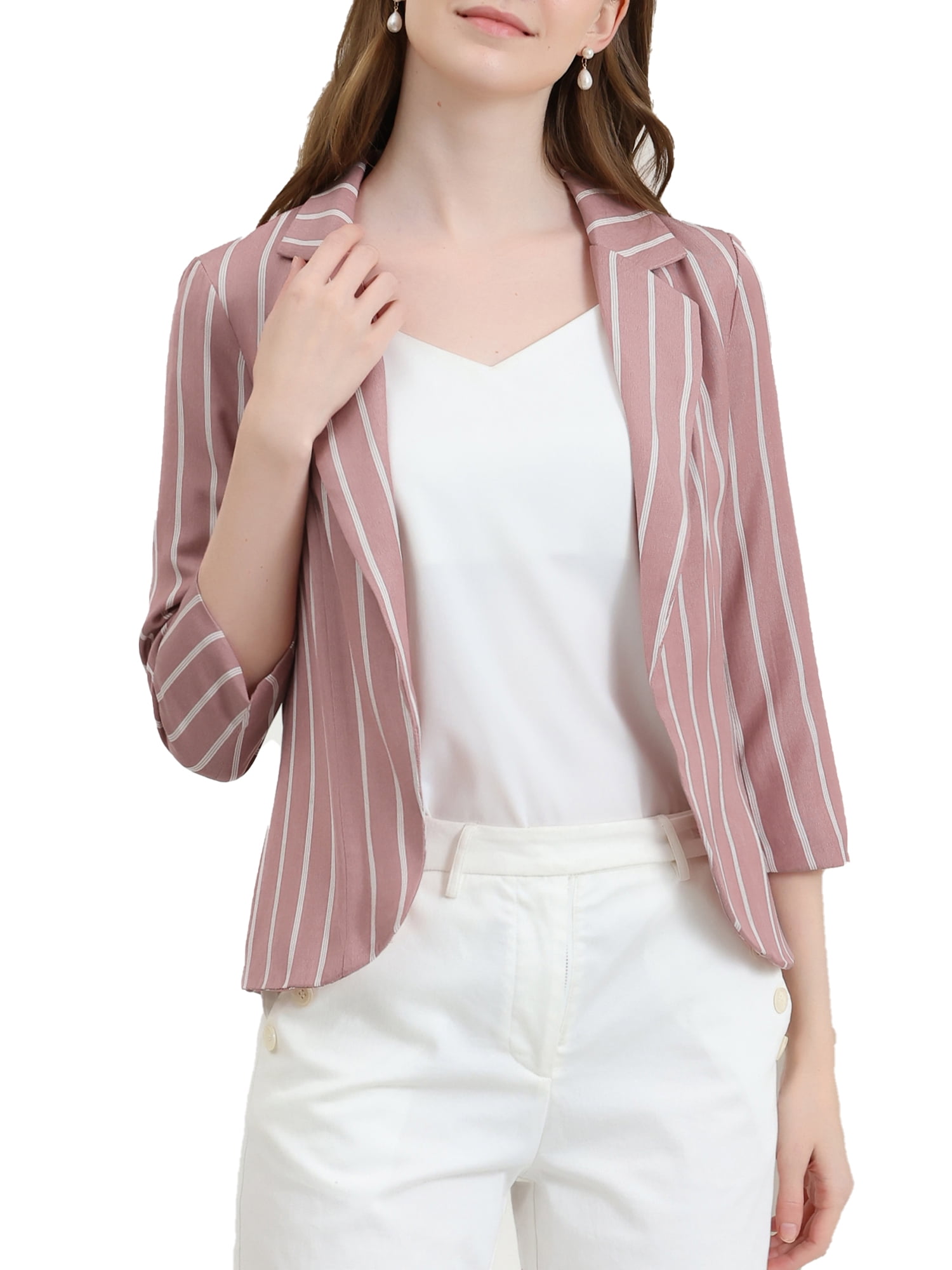DARING DIVA Women's Striped Open Front Notched Lapel Blazer M Dark Pink