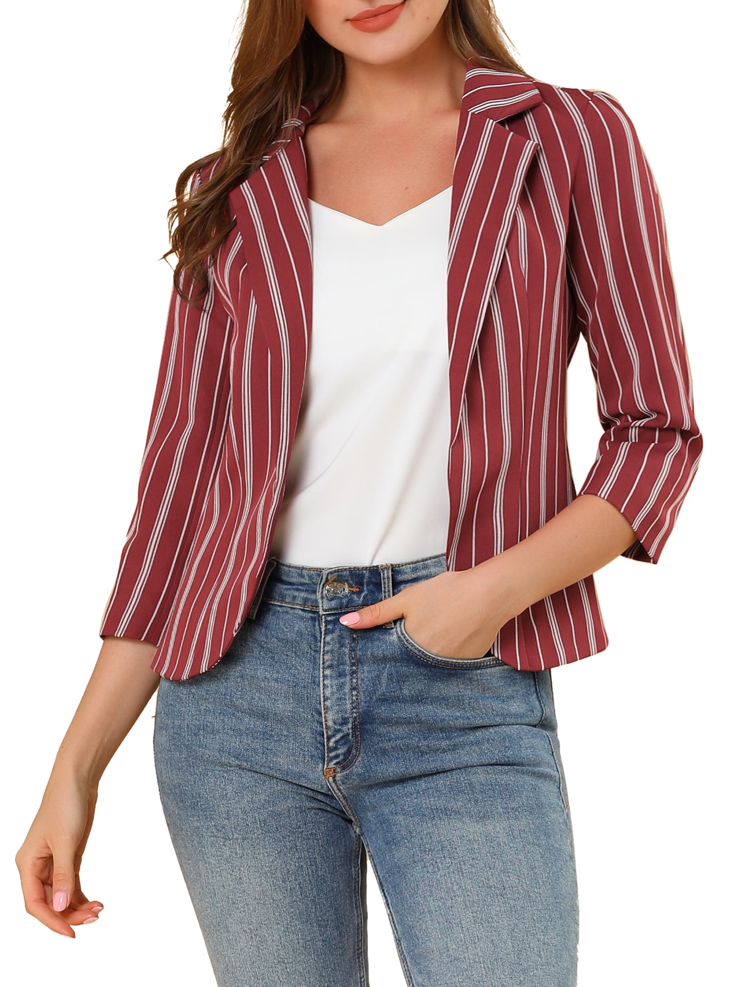 DARING DIVA Women's Striped Open Front Notched Lapel Blazer M Red