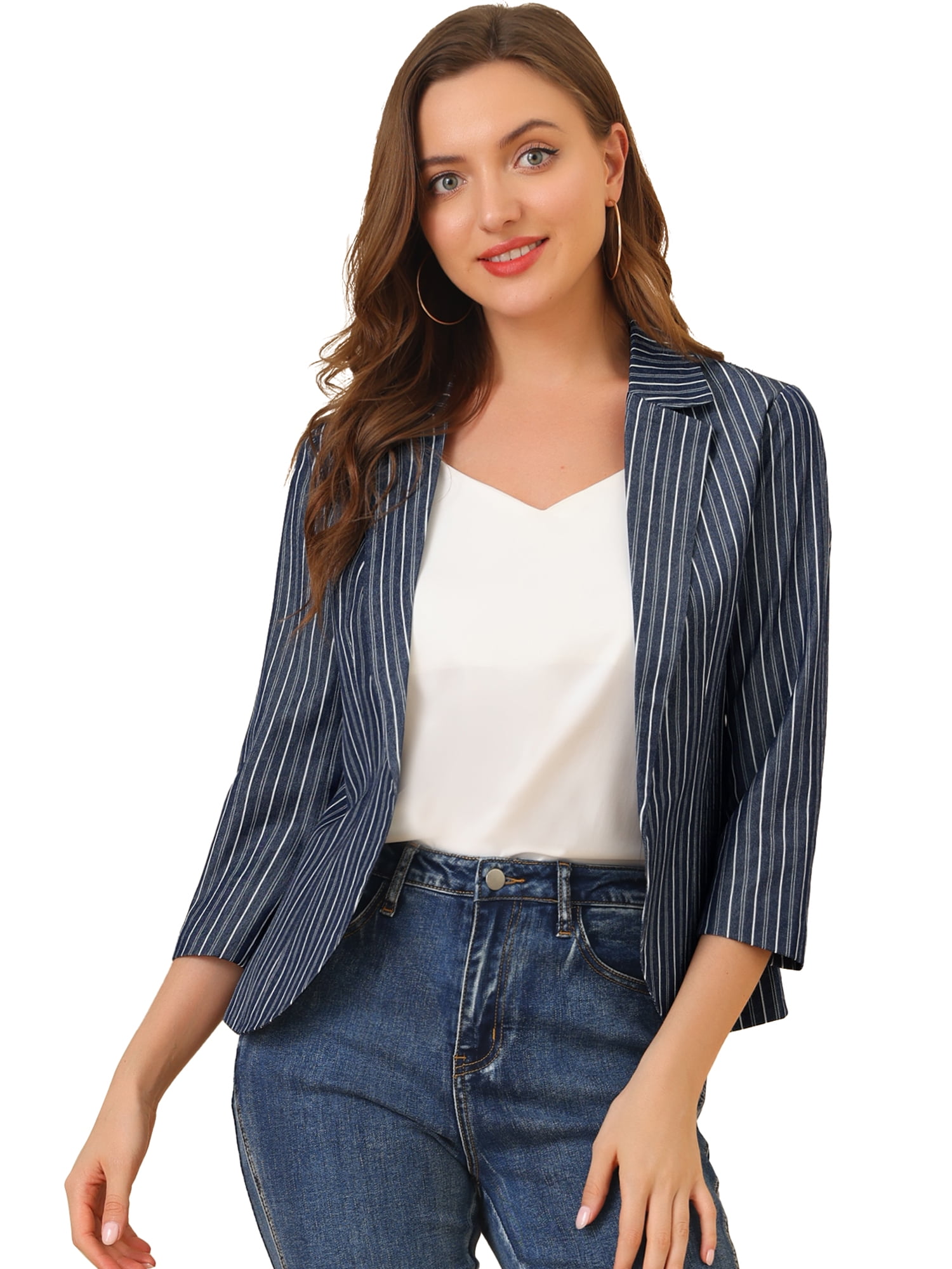 DARING DIVA Women's Striped Open Front Notched Lapel Blazer XS Dark Blue