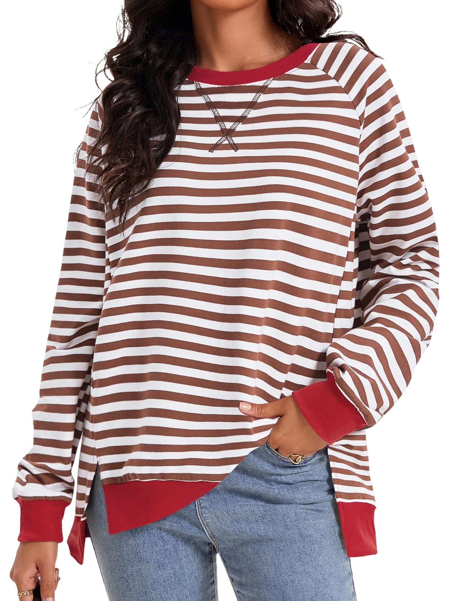 Unique Bargains Women's Striped Oversized Crewneck Pullover Tops L Coffee White