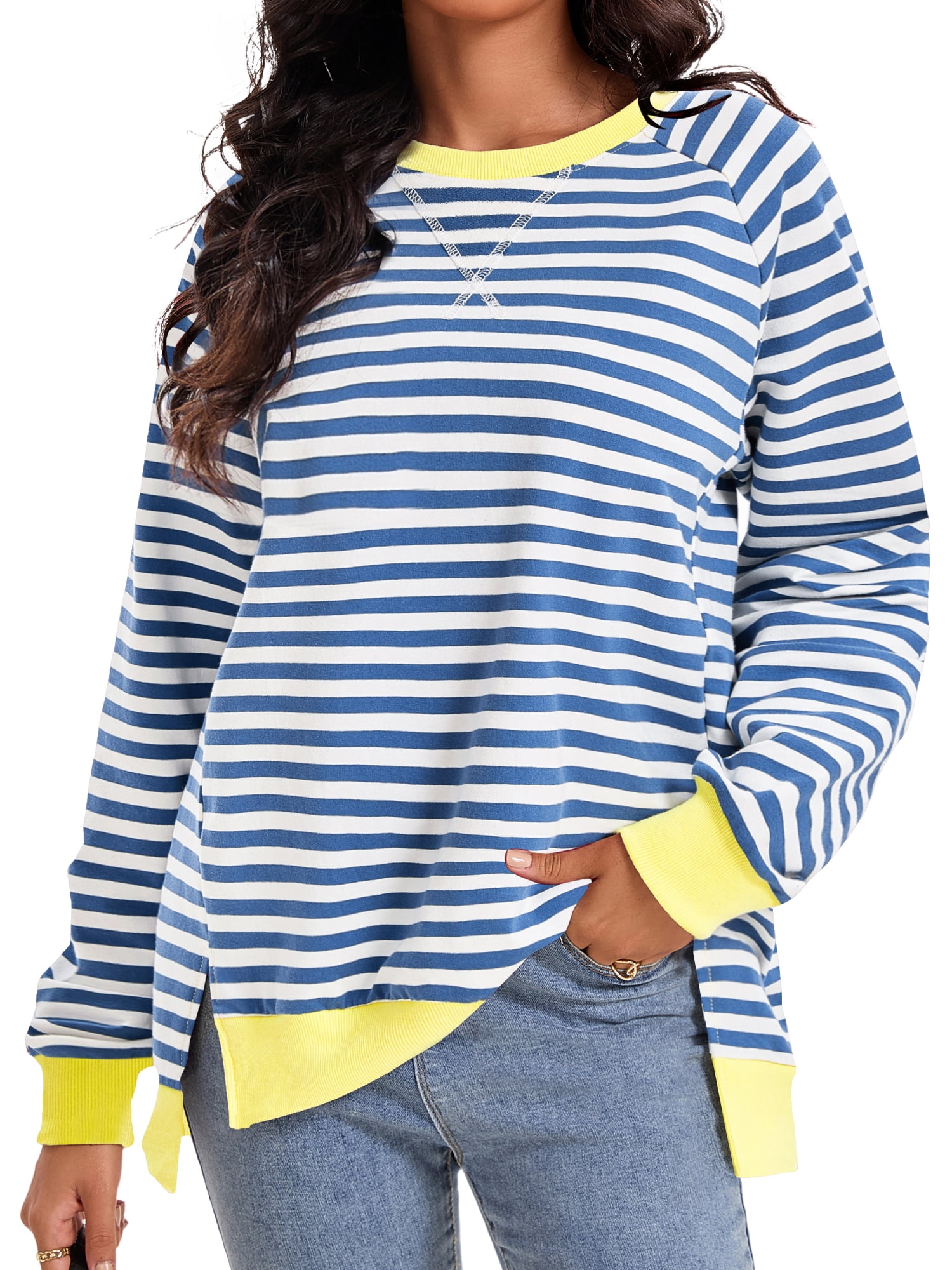 Unique Bargains Women's Striped Oversized Crewneck Pullover Tops XL Blue White