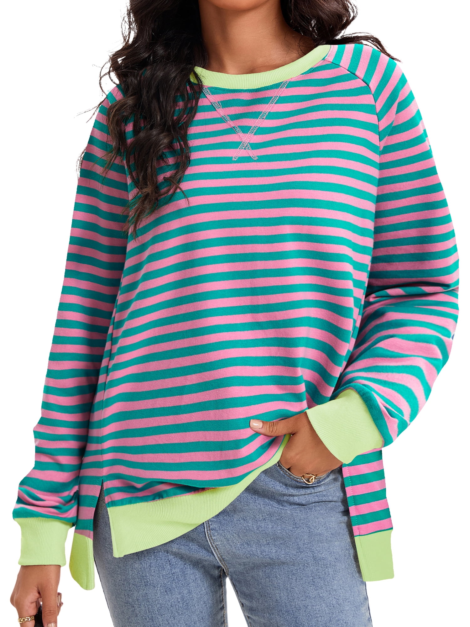 DARING DIVA Women's Striped Oversized Crewneck Pullover Tops XL Green Pink