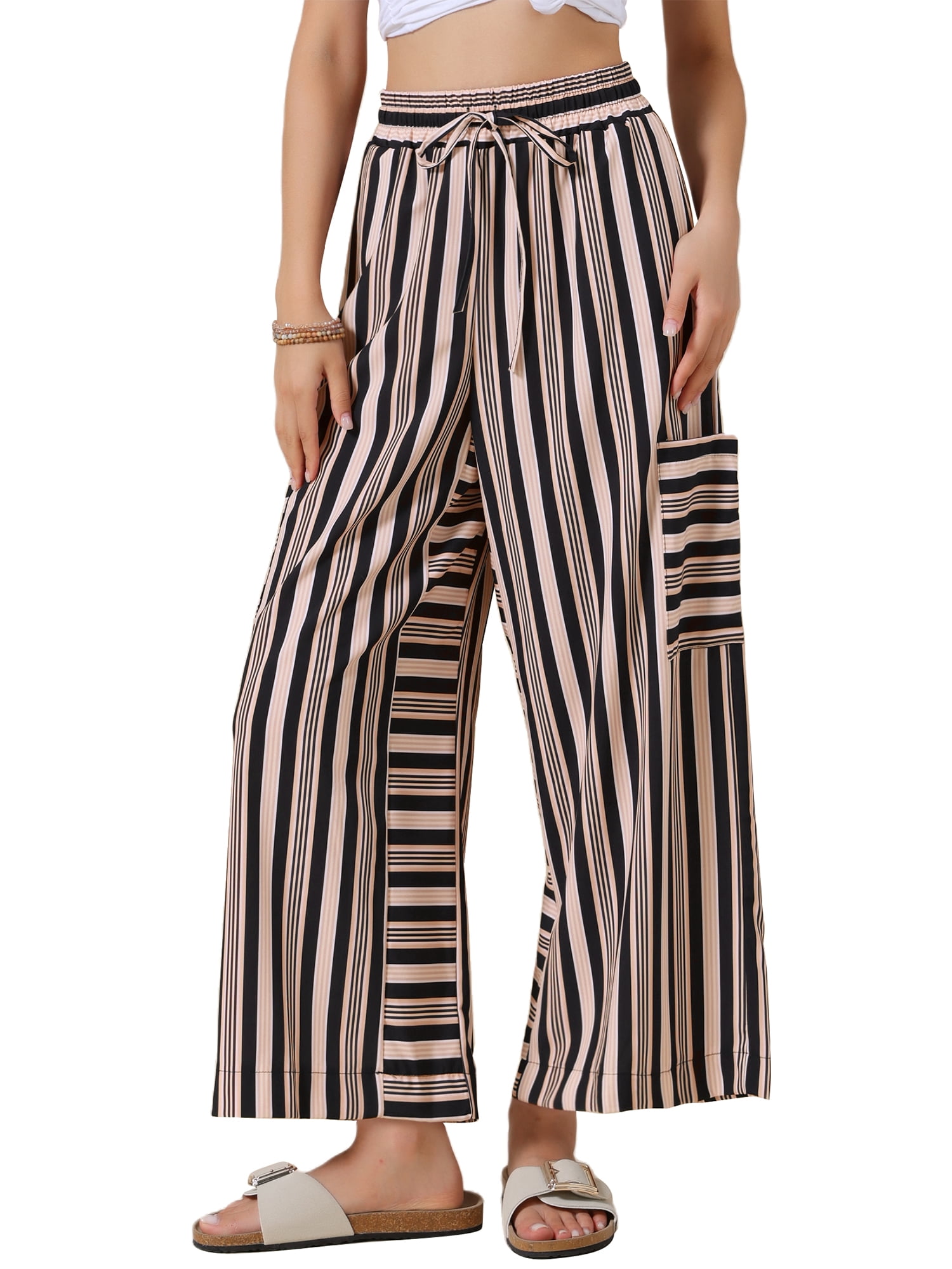 DARING DIVA Women's Striped Palazzo Lounge Pants X-Small Black Brown
