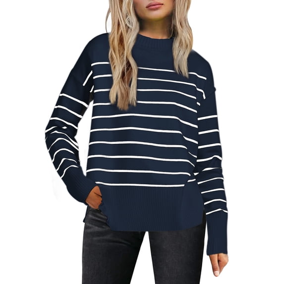 DARING DIVA Women's Striped Pullover Spring Crewneck Knit Sweater L Navy Blue