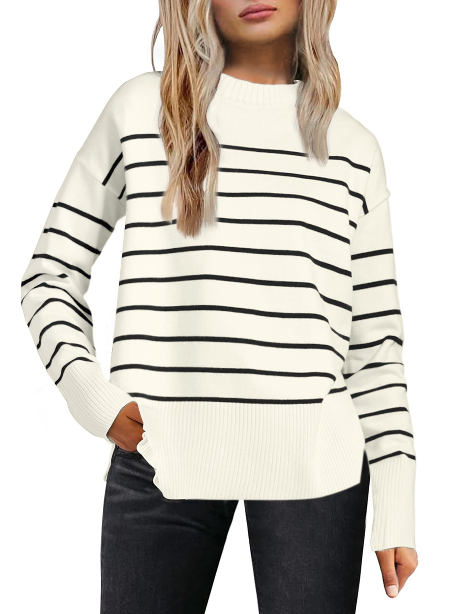 DARING DIVA Women's Striped Pullover Spring Crewneck Knit Sweater M White