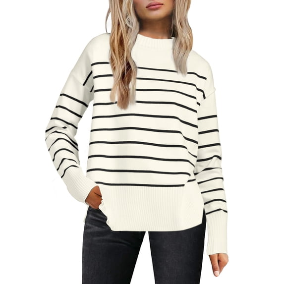 DARING DIVA Women's Striped Pullover Spring Crewneck Knit Sweater M White