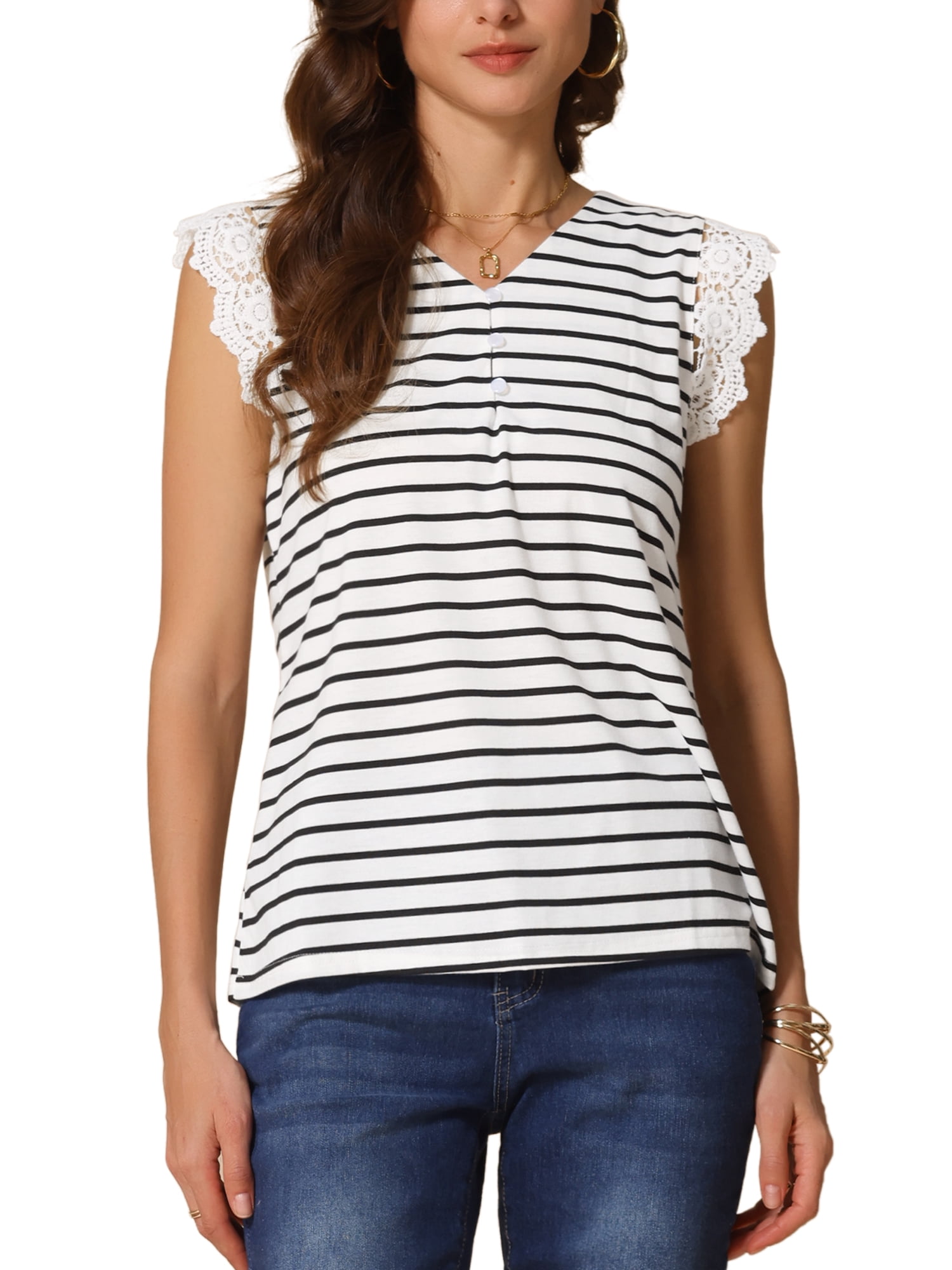 DARING DIVA Women's Striped Shirt Blouses Lace Patchwork Tank Tops L White
