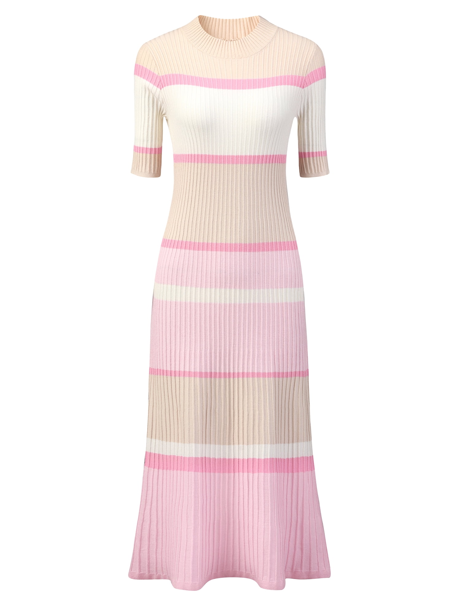 DARING DIVA Women's Striped Short Sleeve A-Line Midi Dresses M Pink