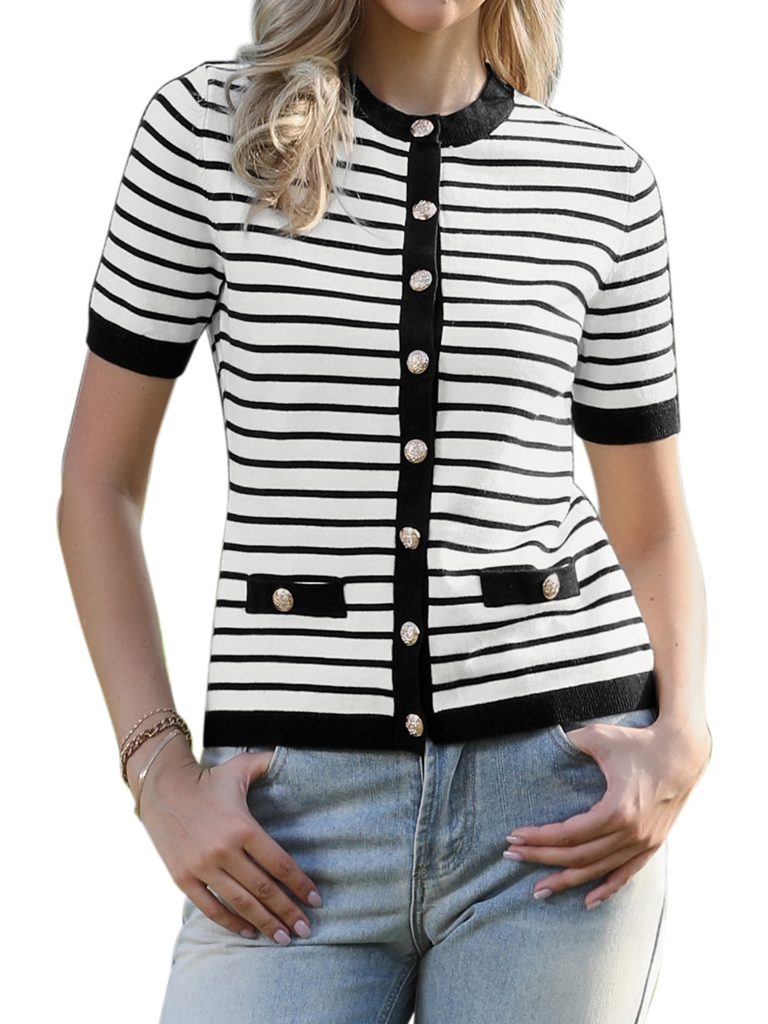 DARING DIVA Women's Striped Short Sleeve Button Down Sweater XL Black White Stripe