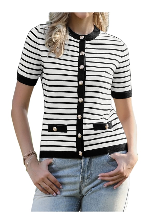 Women's Striped Short Sleeve Button Down Sweater XL Black White Stripe