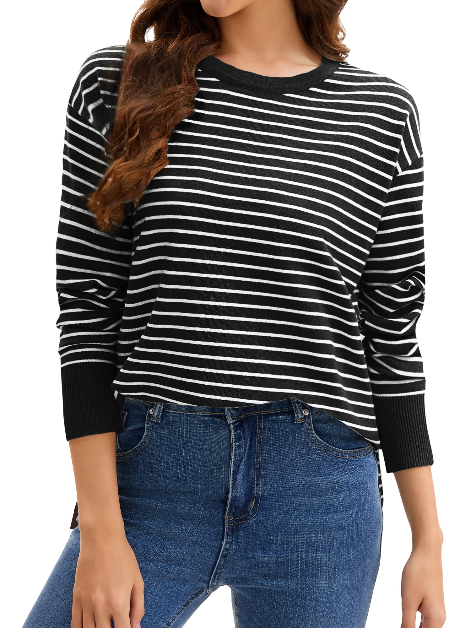DARING DIVA Women's Striped Side Slits Long Sleeve Pullover Knit Tops L Black-white